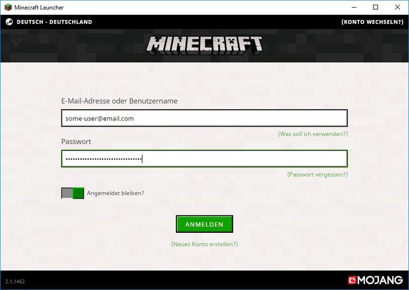 Minecraft Login Bildschirm