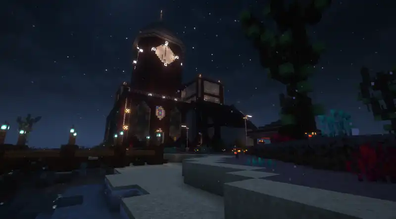 Bild einer Kirche in Minecraft bei Nacht