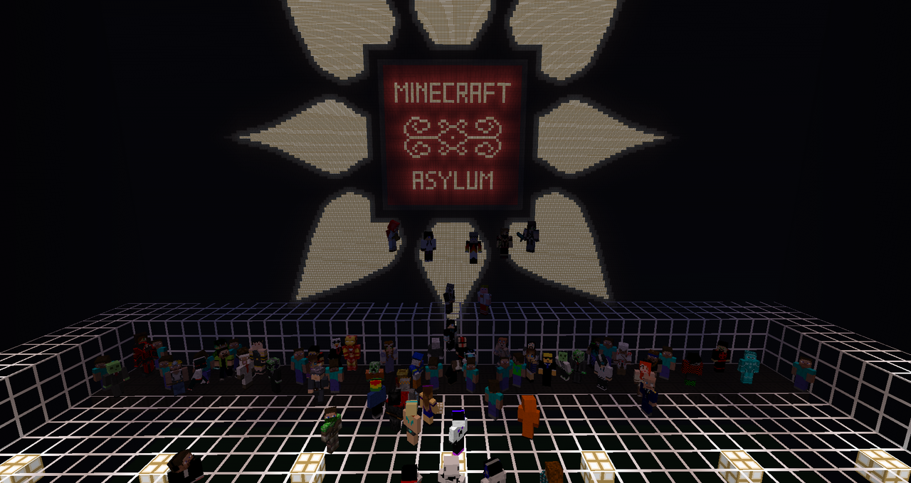 Dasselbe Gruppenfoto vor schwarzem Himmel, das rote Asylum-Logo leuchtet im Dunkeln