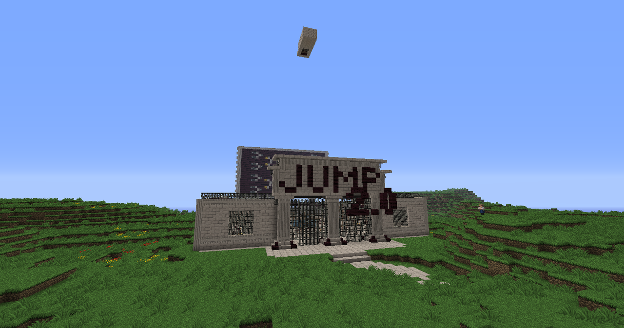 Sandsteinarena mit der Aufschrift „JUMP 2.0“ über dem vergitterten Säuleneingang, hoch am Himmel die Sprungplattform