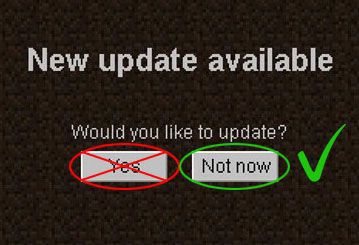 Launcher-Dialog „New update available“: „Yes“ rot durchgestrichen, „Not now“ grün abgehakt