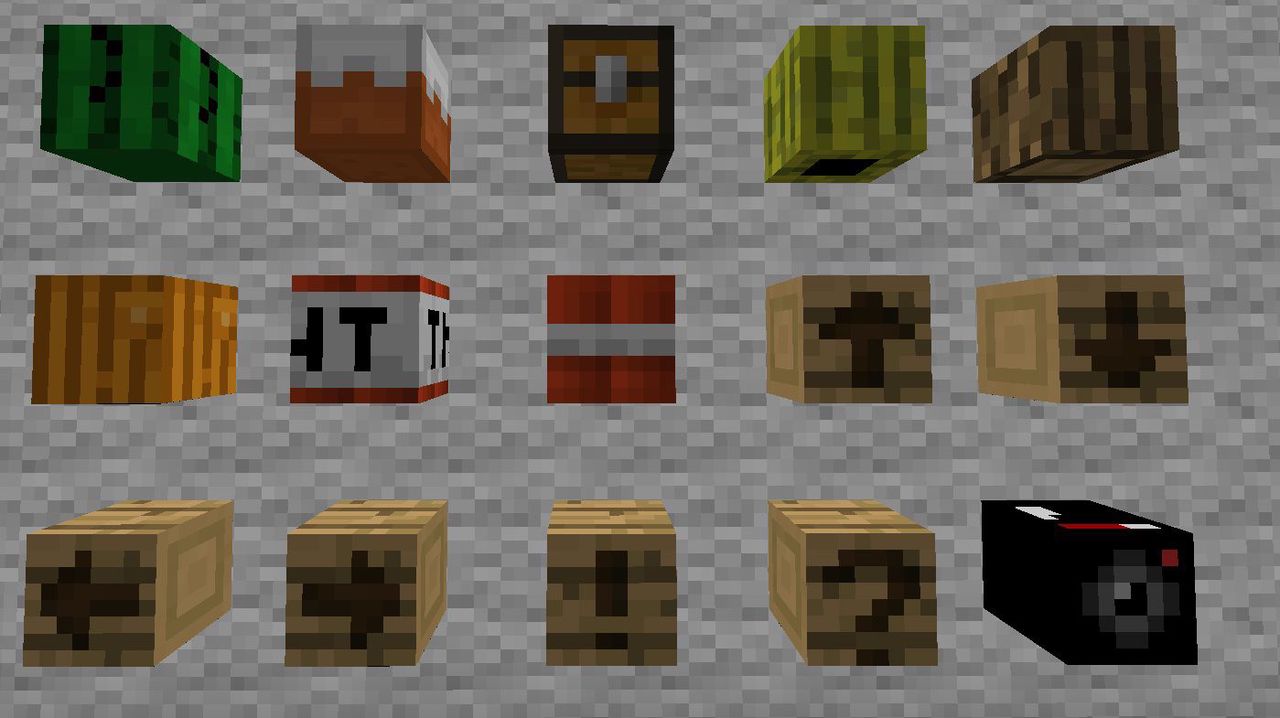 Neue Deko-Köpfe bei /warp Vote, darunter Melone, Kuchen, Truhe, TNT und Holzkisten mit Pfeilen