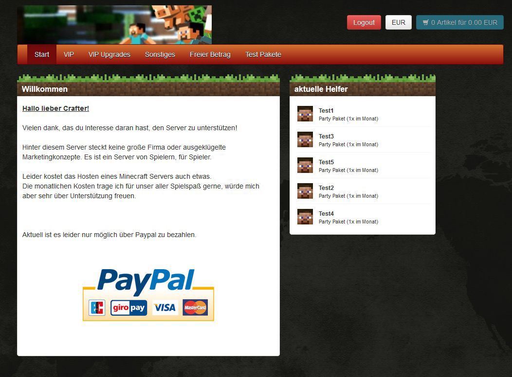 Die Startseite des neuen Shops, noch mit Test-Paketen