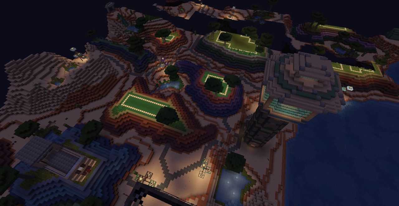 Jormut bei Nacht: die Glowstone-Rahmen der Grundstücke leuchten