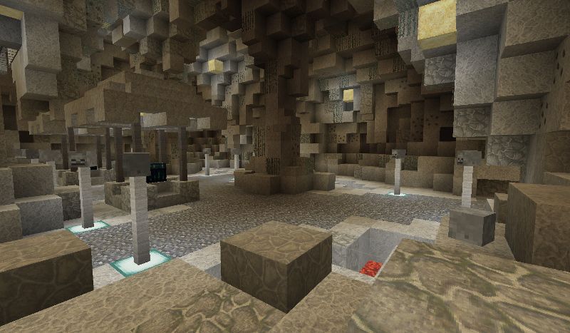 Höhlenhalle der Skelettfarm mit Monster-Spawner auf einem Sockel und Pfählen mit Skelettschädeln
