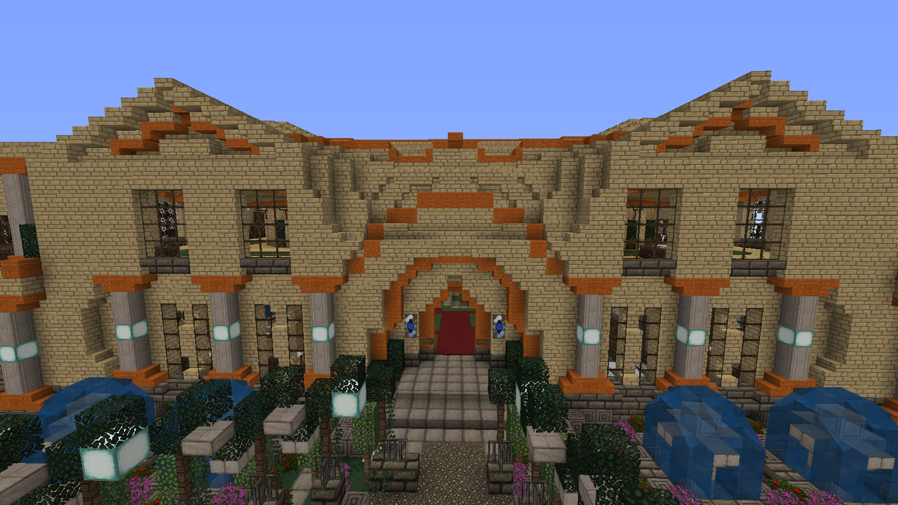 Die Klassik-Galerie: Sandsteinschloss mit orangen Zierbändern, Säulen, rotem Portal und Gartenweg