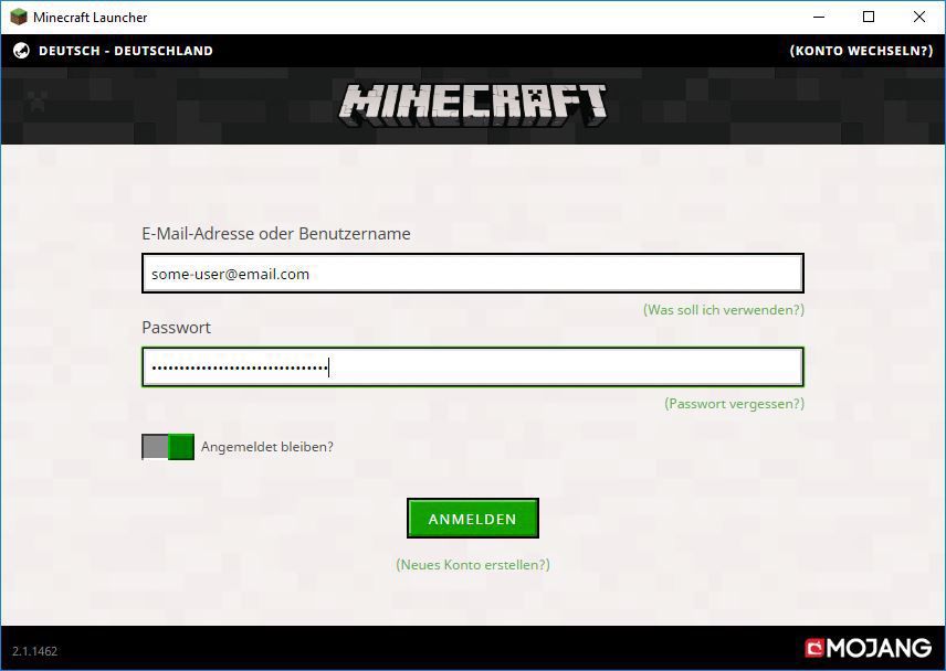 Minecraft Login Bildschirm