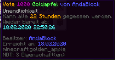 Tooltip des Vote-1000-Goldapfels: Unendlichkeit, alle 22 Stunden wieder essbar