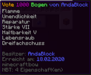 Tooltip des Vote-1000-Bogens: Flamme, Unendlichkeit, Reparatur, Stärke VII, Haltbarkeit V, Lebensraub, Dreifachschuss