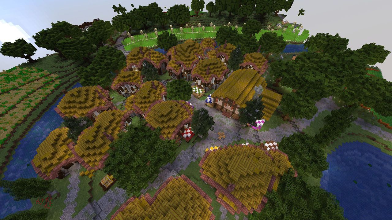 Die neue Farm aus der Luft: Dorf mit runden Strohdächern, Marktständen, Feldern und Teich