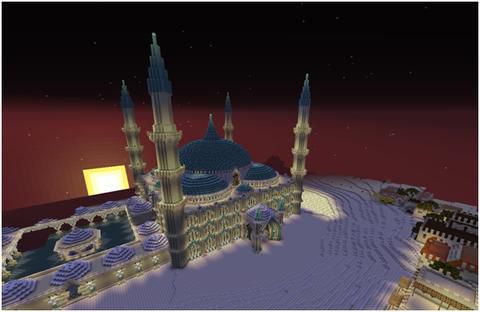 Ein Palast mit Kuppeln und vier Minaretten bei Nacht, über einer Stadt in der Wüste